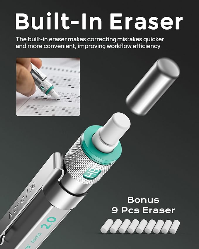 Nicpro 2mm Mechanical Pencils in Case, 3 Pack Blocky Gear Metal Drafting Lead Holder with 13 Tubes 2mm Lead Refills (HB 2B 2H 4B 4H 6B & Colors), Erasers for Carpenter Writing Drawing Woodworking