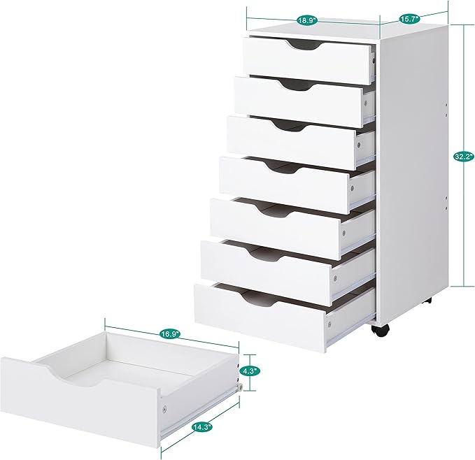 Naomi Home 7 Drawer Office Storage File Cabinet,Under Desk Cabinets for Home Office,Organization Filing Cabinet with Wheels,Printer Stand Storage,180 lbs Capacity – White(11272AM)