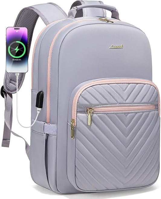 LOVEVOOK Laptop Backpack for Women 18.4 inch,Cute Womens Travel Backpack Purse,Professional Laptop Computer Bag,Waterproof Work Business College Teacher Bags Carry on Backpack with USB Port,Grey Pink