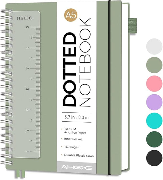 AHGXG Bullet Dotted Journal - Dot Grid Spiral Notebook A5, 160 Pages, 100 GSM Thick Paper, Waterproof Plastic Cover Journals for Bullet Journaling, Sketching, 5.7" x 8.3", Sage Green