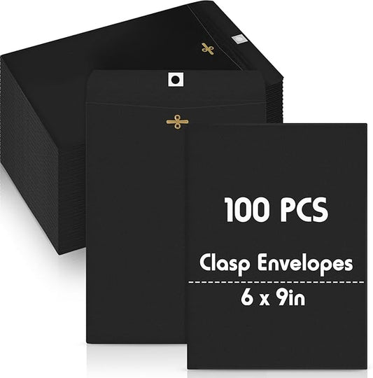 Geyee 100 Pcs Clasp Manilla Envelopes 6 x 9 Inch Gummed Colored Envelopes for Storing or Mailing for Home Office Business Supplies(Black)
