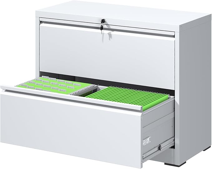 File Cabinets 2 Drawer, Metal Office Storage Filing Cabinet with Lock, White Lateral Filing Cabinet for Home Office,Horizontal Two Drawer File Cabinets for Legal/Letter,Assembly Require,White