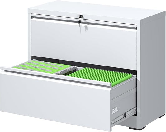 File Cabinets 2 Drawer, Metal Office Storage Filing Cabinet with Lock, White Lateral Filing Cabinet for Home Office,Horizontal Two Drawer File Cabinets for Legal/Letter,Assembly Require,White