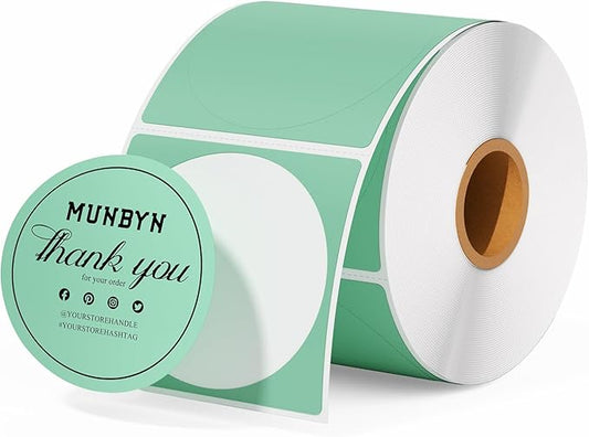 MUNBYN 2 Inch Green Circle Thermal Sticker Labels, Self-Adhesive Round Direct Thermal Labels for Logo Design, QR Code, Inventory, 750 Sheets/1 Roll