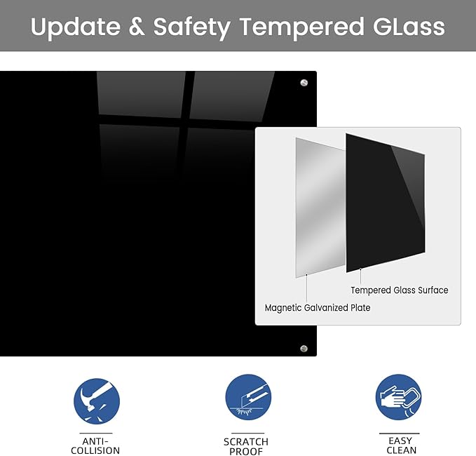 Glass Magnetic Black Board - 48 x36 Inches Frameless Dry Erase Blackboard for Wall, Wall Mounted Glass Board, Writing Board for Office, Meetings and Schools