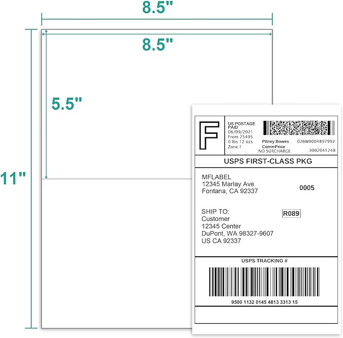 MFLABEL 8.5 x 11 Inch Half Sheet Shipping Labels - 1000 Adhesive Sticker Papers for Laser & Inkjet Printer (500 Sheets, 48 Free Fragile Stickers) - Ultimate Pack for FBA, Packages & Mailings