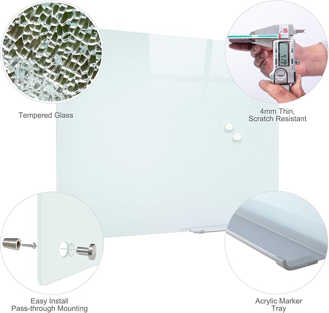 Glass Magnetic White Board - 48 x36 Inches Frameless Dry Erase Whiteboard for Wall, Writing Board for Meeting, Wall Mounted Glass Board for Office and Schools