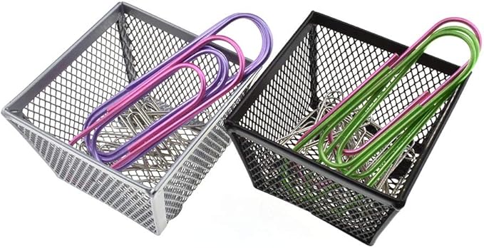 HAHIYO Stackable Paper Clip Mesh Holder Cup 2.2" Height 4 Pack Sturdy Paperclip Holder Container for Desk Drawer Organizer Collection for Home Office School Black Silver Soft Foam Feet No Sharp Edges