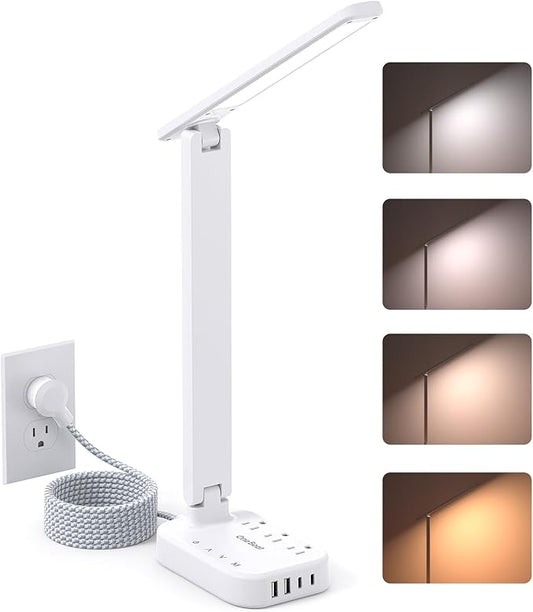 Power Strip with LED Desk Lamp, 10 Ft Extension Cord with 3 Outlets 4 USB Ports(2 USBC), 4 Modes 5 Level Touch Lamp Small Desk Lamp for Home Office, Study Reading Light, Dorm Room Essentials