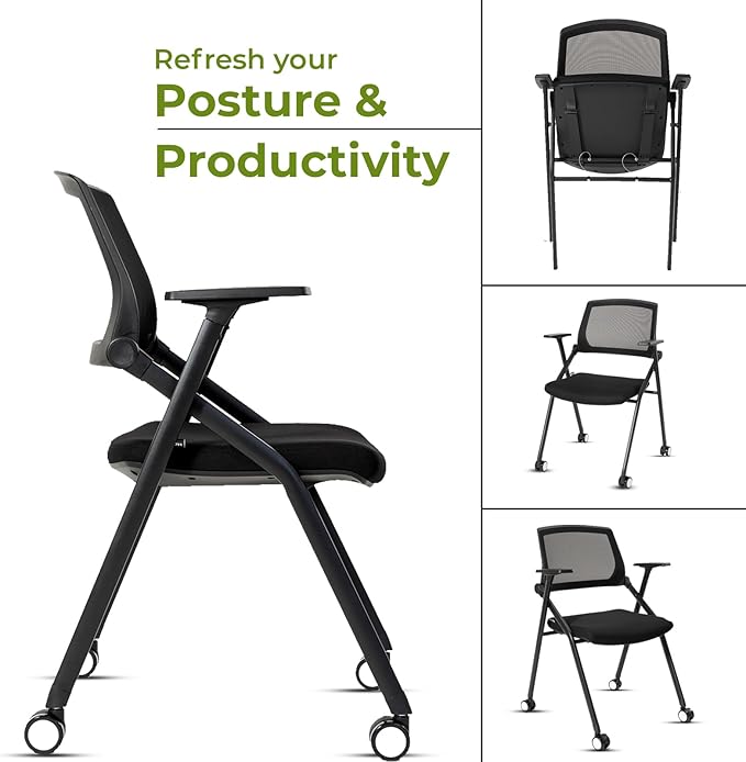 Home Office Chair Set of 4 Adjustable Armrest Ergonomic Mid-Back Breathable Mesh Foldable Conference Reception Chairs for School Waiting Room Small Space