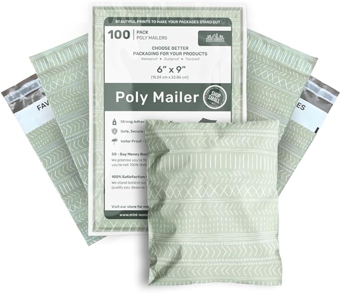 Poly Mailers 6x9 Inch 100 Pack Small Shipping Bags Strong Thick Mailing Envelopes | Self Sealing Adhesive | Waterproof & Tear Resistant | Small Business Packaging for Clothing - Boho Sage Green