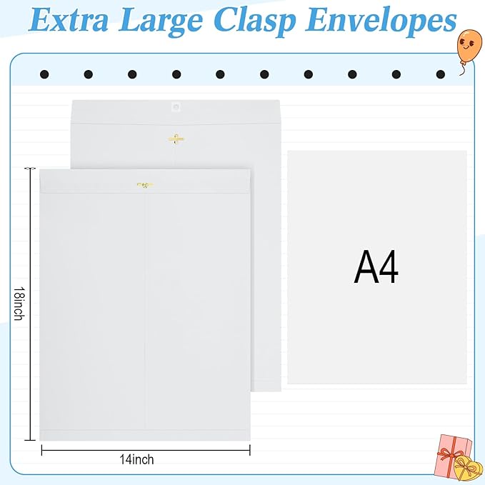 40 Pcs Extra Large Mailing Clasp Envelopes 14 x 18 Inch Jumbo Kraft Catalog Manila Envelope with Clasp Closure for Oversized Big Document Office Home Business School Storing Mailing(White)