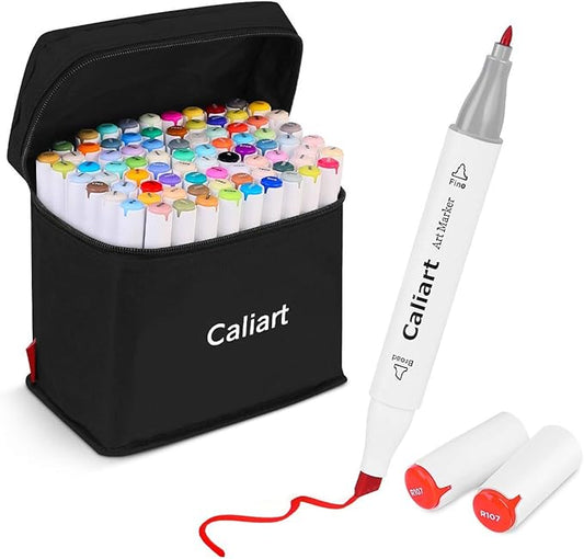Caliart 81 Colors Alcohol Based Markers, Dual Tip Permanent Artist Art Sketch Markers for Adult Kid Coloring Book, Illustration Painting Card Making, Bonus 1 Colorless Alcohol Marker Blender