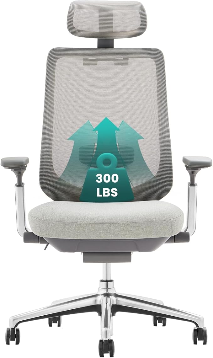 COLAMY Ergonomic Mesh Office Chair, High Back Computer Executive Desk Chair with Adjustable Headrest and 4D Arms, Slide Seat, Tilt Lock-Light Grey