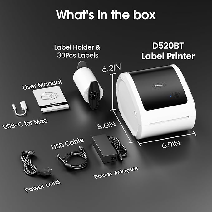 Bluetooth Shipping Label Printer 4x6 - D520BT Bluetooth Thermal Label Printer for Small Business， Shipping Packages, Compatible with USPS, Shopify, Amazon