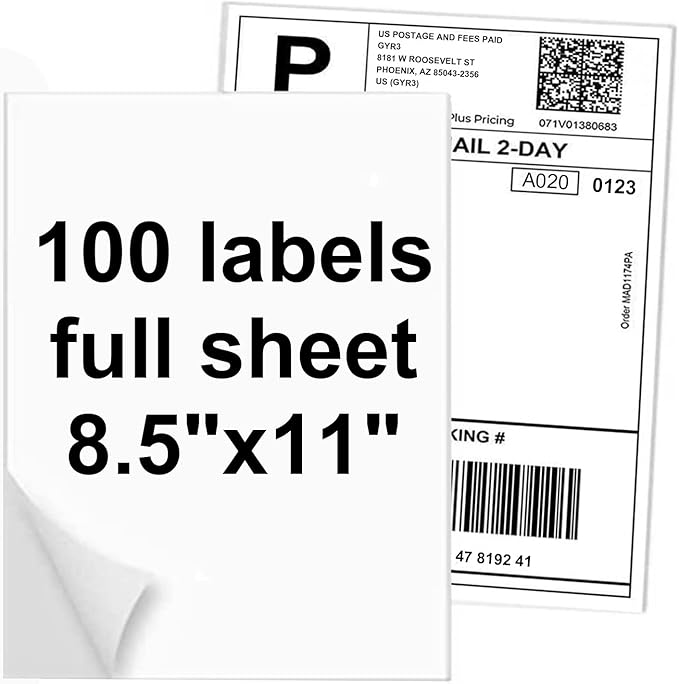 100 Full Sheets Sticker Paper for Laser & Ink Jet Printers, 8.5" x 11" Full Sheet Address Shipping Label, 100 Sheets 100 Labels