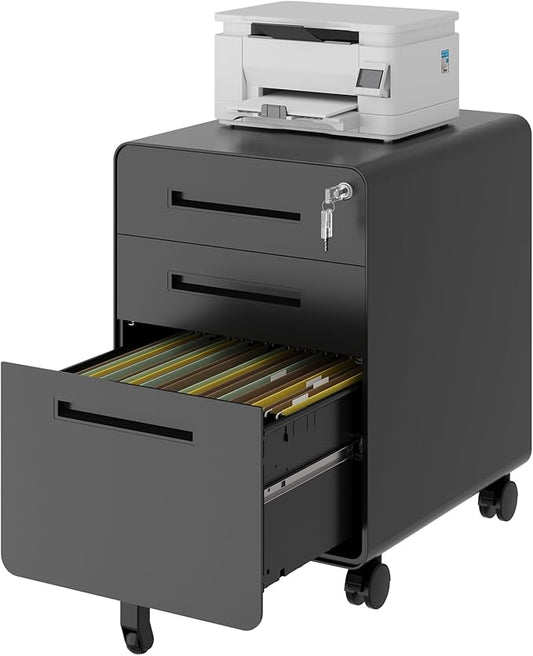 Rolling File Cabinet with Lock, 3 Drawer Metal Mobile Filing Cabinet Office Under Desk for Legal/Letter Size, Fully Assembled Except Casters