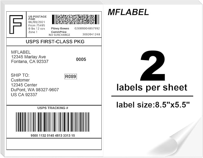 MFLABEL Half Sheet Label Laser/Ink Jet USPS UPS FedEx Shipping Label 8.5 x 11 Inches Packaging Labels, Address Labels for Laser & Inkjet Printers, 15000 Count(7500 Sheets)