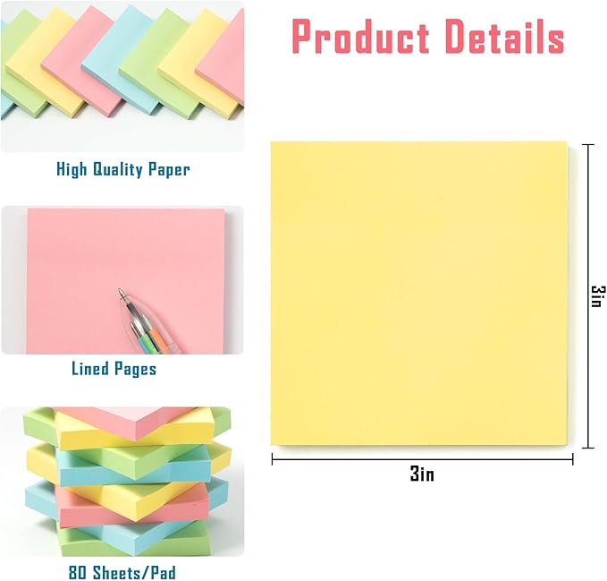 HappyHapi Sticky Notes 3x3 Inches Bulk 36 Pack 3600 Sheets Colored Self-Stick Pads, 100 Sheets/Pad, 4 Bright Colors (Yellow, Green, Pink, Blue) for Office Supplies, School, Home