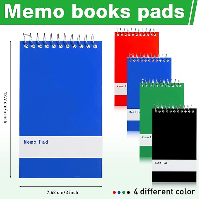 Thenshop 200 Pads Spiral Memo Bulk 3'' x 5'' Top Bound Memo Book 60 Sheets Small Mini Notebooks Lined Wire Bound Pocket Steno Book for Home, Office, School (Black,Green,Dark Blue,Red)