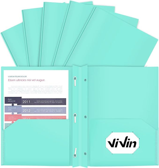 ViVin 12-Pack Pastel Color Folders, Durale Plastic Folders with Pockets and Prongs, 2 Pocket Letter Size Poly File Folders with 3-Prong Fasteners, Cute Folders for School, Home and Office(Light Green)