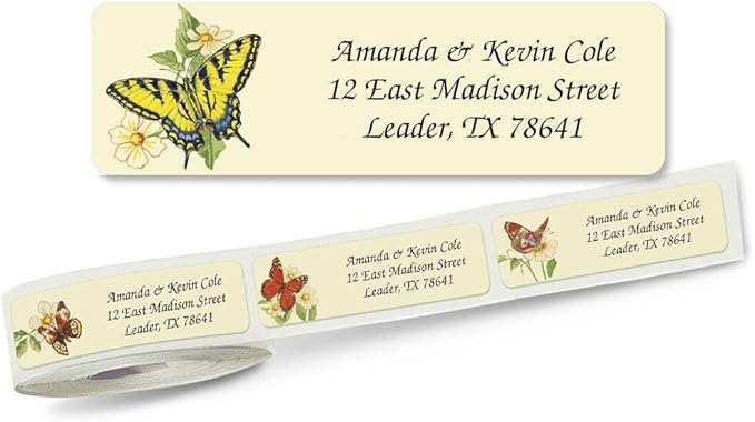 Butterflies Rolled Personalized Return Address Mailing Labels with Dispenser, Set of 500, 5 Designs, Small ¾ x 2½ Inch Size, Custom Self-Adhesive Sticker Roll, by Colorful Images