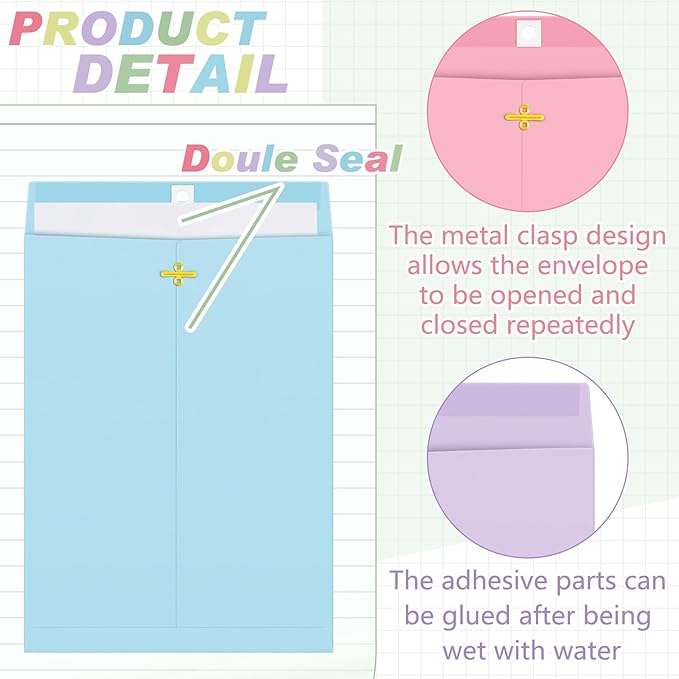 Geyee 100 Pcs Clasp Manilla Envelopes 9 x 12 Inch Gummed Colored Envelopes for Storing or Mailing for Home Office Business Supplies(Pastel Color)