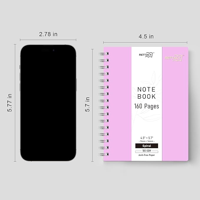 RETTACY Pocket Journal Notebook, 160 Lined Pages, A6 Mini Small Size (4.5" × 5.7"), for Work, Journaling, Writing, 100 GSM Thick Paper, Spiral-bound, Flexible Plastic Cover (Lilac)