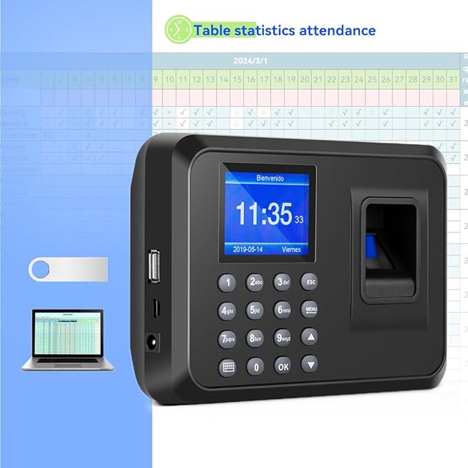 Fingerprint Time Clocks for Employees - Time Clock for Small Business Automatic Calculate Working Hours and Deduct Lunch Time, Punch and Power-off Protection with 8G USB Drive (0 Monthly Fee)