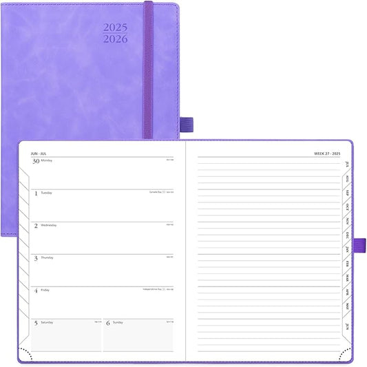 POPRUN Planner 2025-2026 Weekly Notebook (Medium 6.5''x 8.5'') Academic Calendar (JUL.25 - JUN.26) Appointment Book with Monthly Tabs, Leather Soft Cover, Inner Pocket, 100 GSM - Lilac