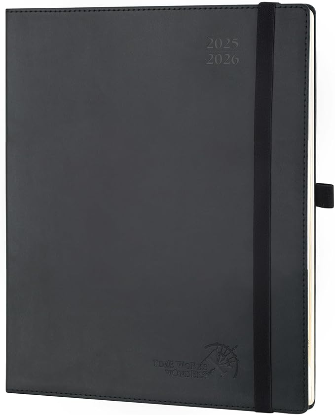 POPRUN Planner 2025-2026 (Large - 8.5'' x 10.5'') Academic Weekly Calendar (July 2025 - June 2026) with Hourly Time Slots, Monthly Tabs, 100GSM Thick Papers, Leather Soft Cover - Black