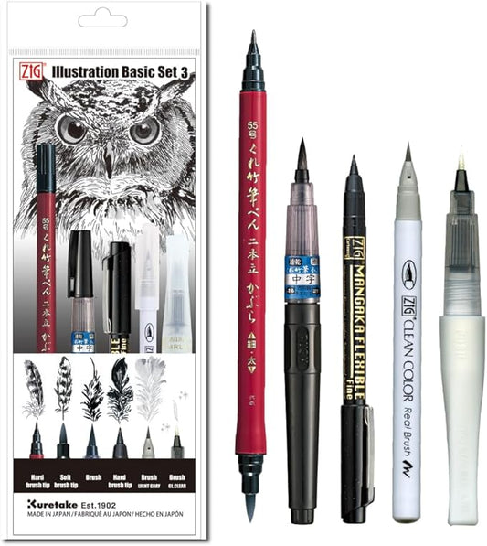 Kuretake Zig Inktober pen set, for Illustration, Manga Drawing, Lettering and Calligraphy, Professional Artist, Made in Japan (Basic No.3(5pcs.))