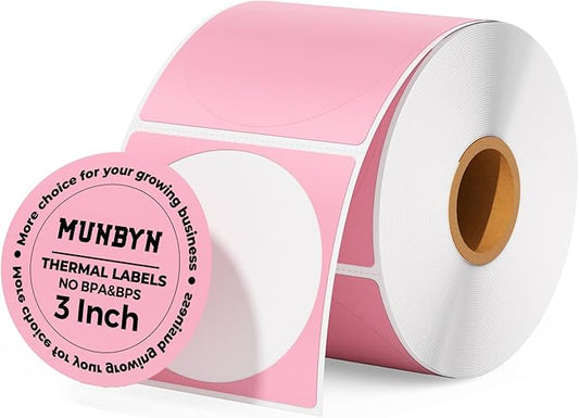 MUNBYN 3 Inch Pink Circle Thermal Sticker Labels, Multi-Purpose Self-Adhesive Round Direct Thermal Labels for Business, 500 Sheets/1 Roll