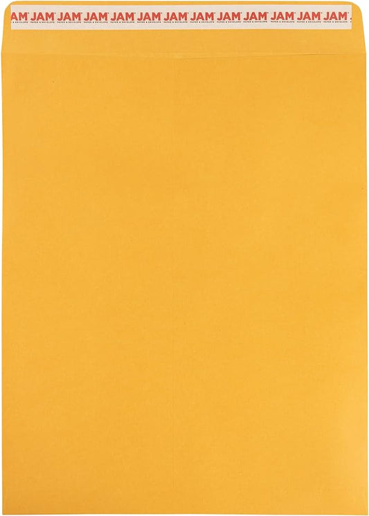 JAM PAPER 11 1/2 x 14 1/2 Open End Catalog Commercial Envelopes with Peel and Seal Closure - Brown Kraft Manila - 100/Pack