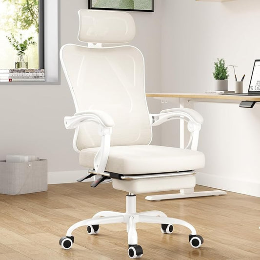 Farini Ergonomic Office Chair with Footrest, Mesh Office Desk Chair with Headrest, High Back Computer Chair with Adjustable Lumbar Support for Home Office Study Room Bedroom, White & Beige