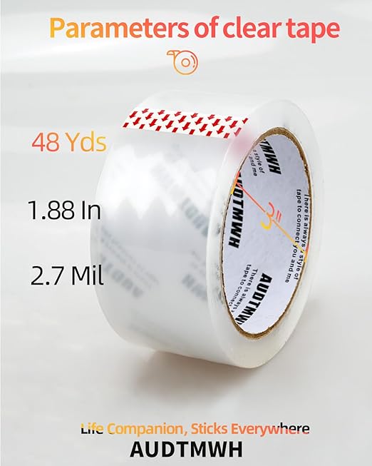 Packing Tape with Dispenser, Clear, Heavy Duty Packaging Tape Designed for Moving, Packing, Shipping and Mailing, 1.88" x 48 Yds, 2 Rolls w/1 Dispenser