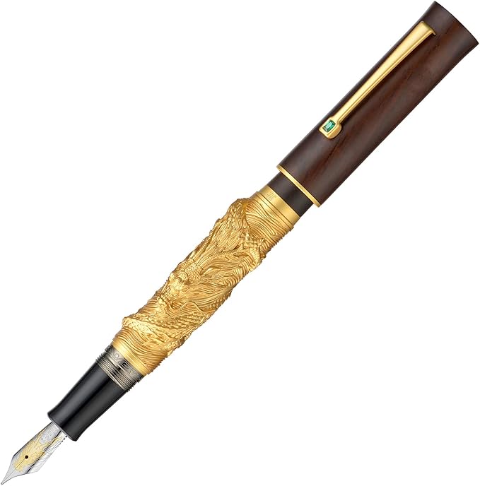 Hongdian N24 Fountain Pen Extra Fine Nib, Golden Dragon Stereoscopic Carving with Red Wood Design