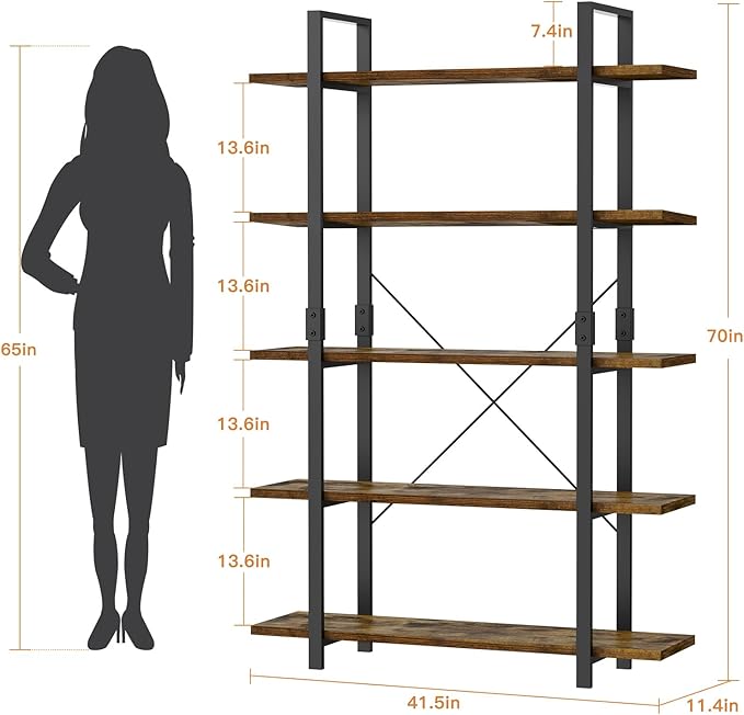 FRAPOW 5 Tier Bookshelf, 70 inch Tall Solid Bookcase Industrial Wooden Bookshelves Large Wall Etagere Rustic Vintage Book Shelf with Metal Frame Open Storage Rack for Living Room Home Office