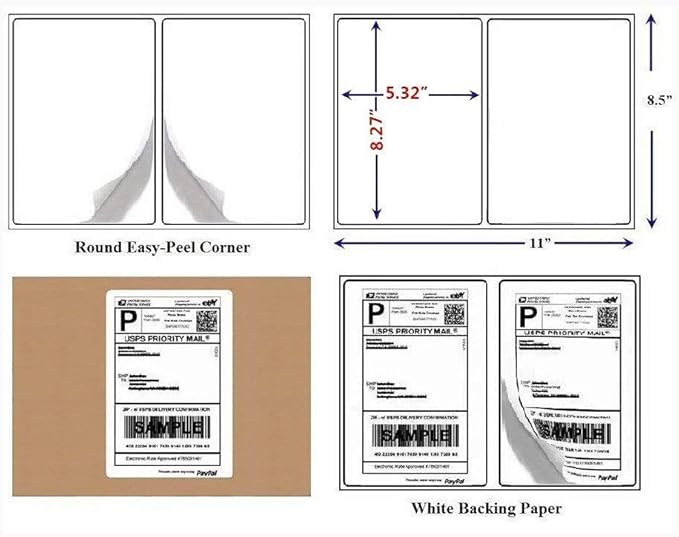 BESTEASY 1000 Round Corner Half Sheet Self Adhesive Shipping Labels for Laser and Ink Jet Printers, White Blank (500 Sheets, 1000 Labels)
