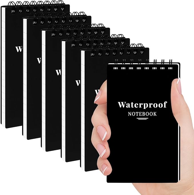 6 Pack Waterproof Notebook, 3x5 Pocket Notepad, Small Top Spiral Stone-Paper Notepad, Mini Pocket Notebook, Little Memo Note Pads for Outdoor, Office, School, Travel (Black)