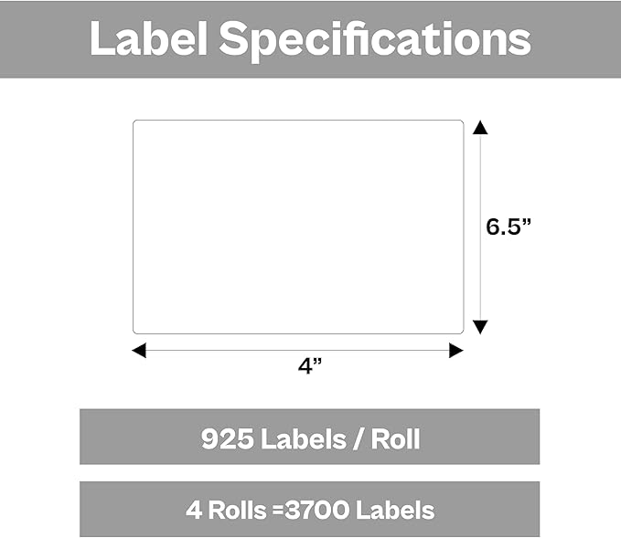 PSBM Thermal Transfer Labels, 4x6.5 Inch, 4 Rolls, 925 Labels/Roll, 3 Inch Core, Perforated, Must Have Thermal Ribbon (Not Included)