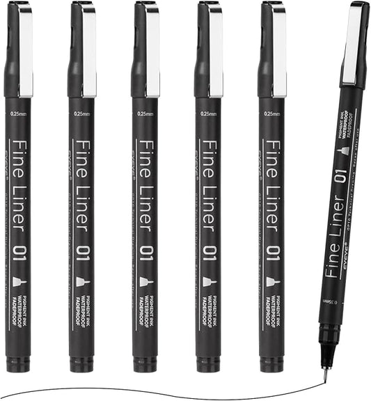 EYEYE Micro Pen Black Drawing Art Pens,6 Pack 0.25mm Archival Pen Waterproof Ink Set Artist Supplies Archival Inking Markers Sketch Outline Pens, Precision Drawing and Sketching Kit