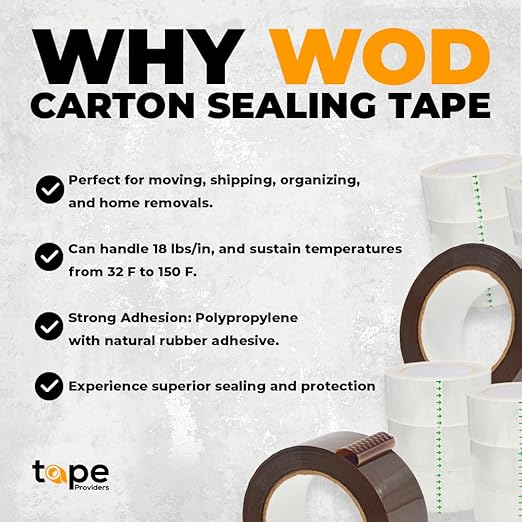 WOD CST20WBA Tan Packing Tape - 2" in. x 60 Yards Per Roll (36 Rolls) - Strong Heavy-Duty Industrial Shipping Box Packaging Tape for Moving, Office, & Storage