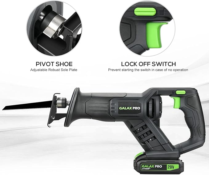 GALAX PRO Cordless Reciprocating Saw with 20V 2.0Ah battery, 0-3000RPM Variable Speed Power Reciprocating Saws with 7/8" Stroke Length,5pcs Zallsaw Blade for thin wooden board, soft metal Cutting