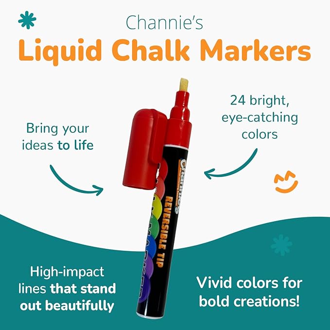 Channie's Liquid Chalk Markers, 24 Vibrant Colors, Dual-Tip Reversible Chisel & Round Tips, Works on Chalkboards, Glass, Mirrors & More, Easy to Wipe Off, Includes Labels & Tweezers