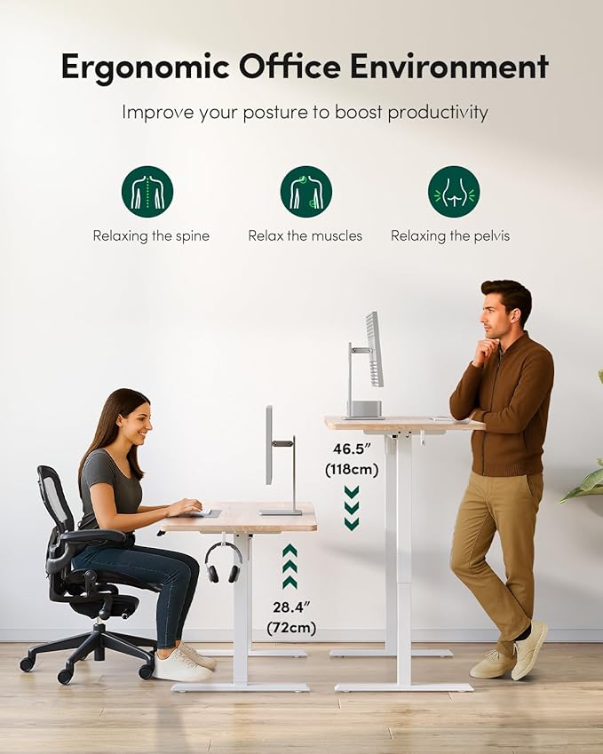 FEZIBO One-Piece Standing Desk Adjustable Height Stand up Home Office Desk, 55x24 Inch Electric Standing Computer Desk, with 4 Memory Presets, Fixable casters, Maple