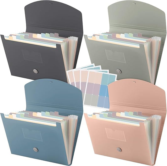 Harloon 4 Pcs Expanding File Folder 13 Pockets File Organizer with Labels A4 Letter Size Receipt Document Organizer Plastic Expandable Filing Folders for Office, Classroom, Home (Morandi Color)