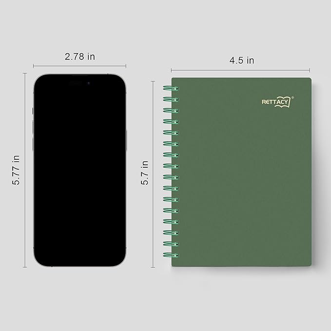 RETTACY Pocket Journal Notebook, 160 Lined Pages, A6 Mini Small Size (4.5" × 5.7"), for Work, Journaling, Writing, 100 GSM Thick Paper, Spiral-bound, Flexible Plastic Cover (Dark Green)