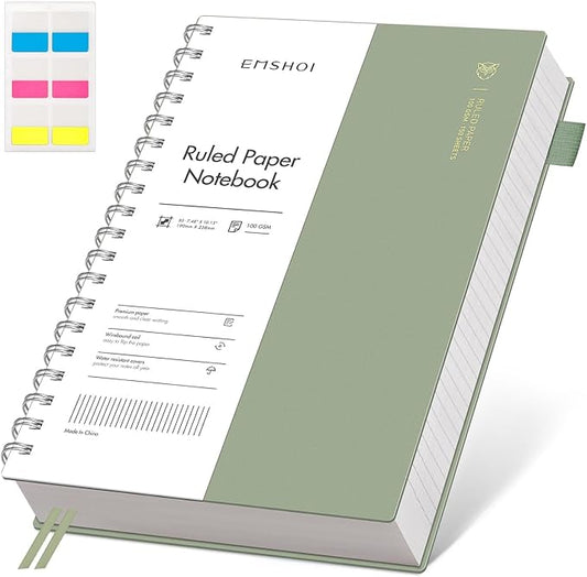 EMSHOI Lined Spiral Journal Notebook, B5 College Ruled Notebook, 300 Pages/150 Sheets, 100gsm Acid-Free Paper, Waterproof Softcover Notebook for School, Work, Note Taking, 7.48" × 10.15" - Light Green