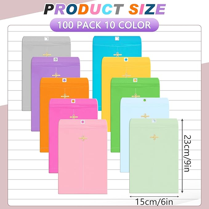 Geyee 100 Pcs Clasp Manilla Envelopes 6 x 9 Inch Gummed Colored Envelopes for Storing or Mailing for Home Office Business Supplies(10 Colors)